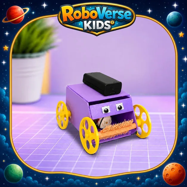 Mini ÇöpBot: mor gövdeli, tekerlekli, önündeki nesneleri toplayan robot